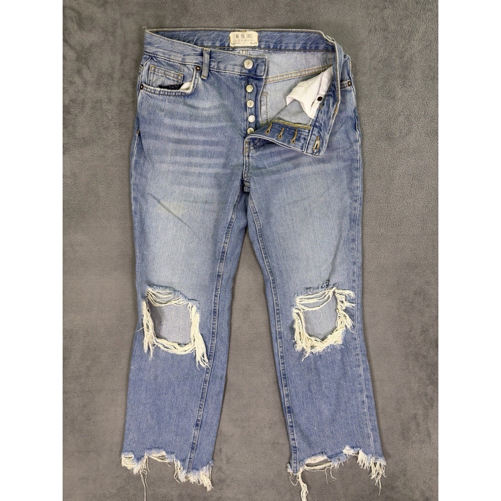 We The Free Jeans Womens 26 Blue Wide Leg Crop Distressed Denim Button Fly